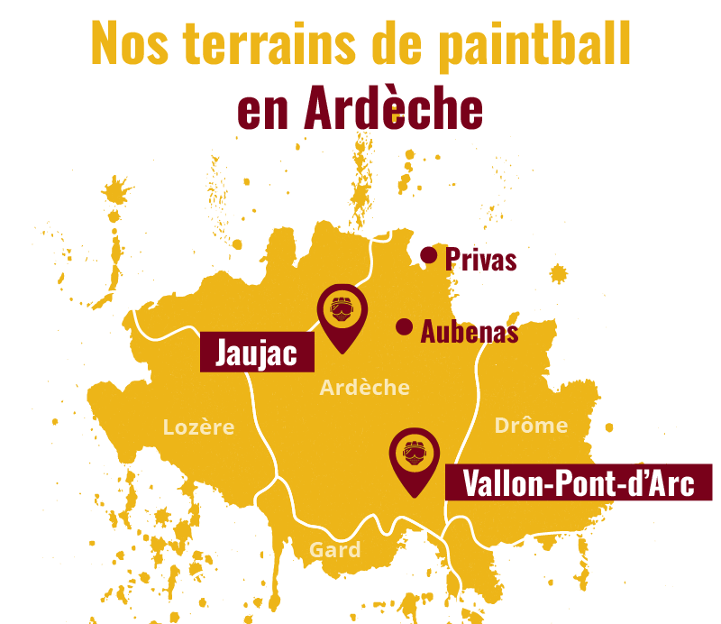 Carte des terrains de Paintball présent en Ardèche : Jaujac et Vallon-Pont-d'Arc Carte des terrains de Paintball présent en Ardèche : Jaujac et Vallon-Pont-d'Arc