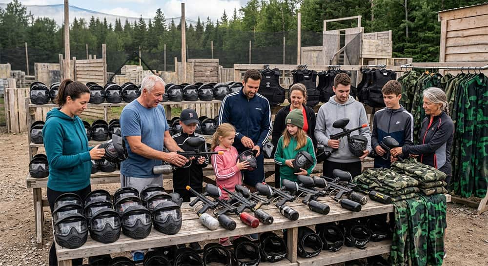 Groupe de personnes, enfant et adultes, en train de se préparer pour une partie de paintball en Ardèche Groupe de personnes, enfant et adultes, en train de se préparer pour une partie de paintball en Ardèche